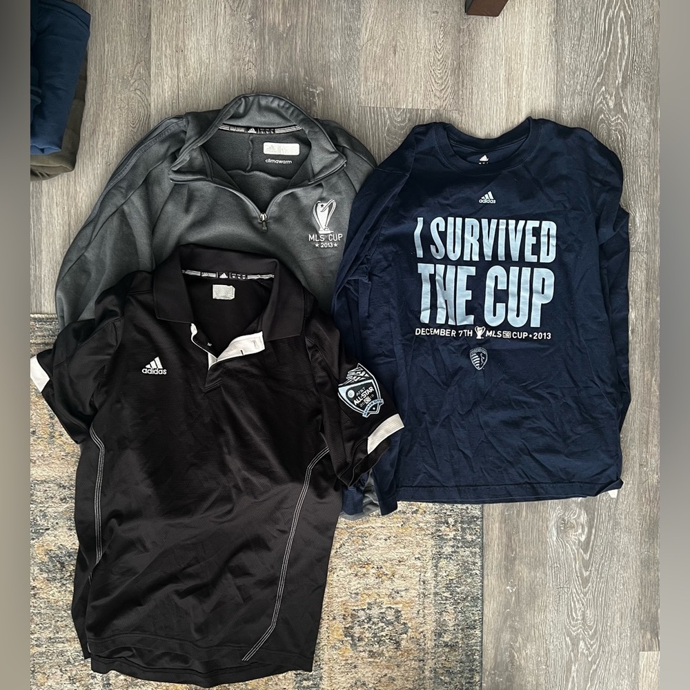 Bundle of Three (3) Adidas Sporting Kansas City MLS Items T-Shirt Polo 1/4 Zip